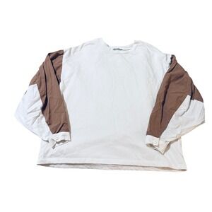 Zara Women Medium Off White Brown‎ Tan Crew Neck Shirt 100% Cotton Long Sleeve